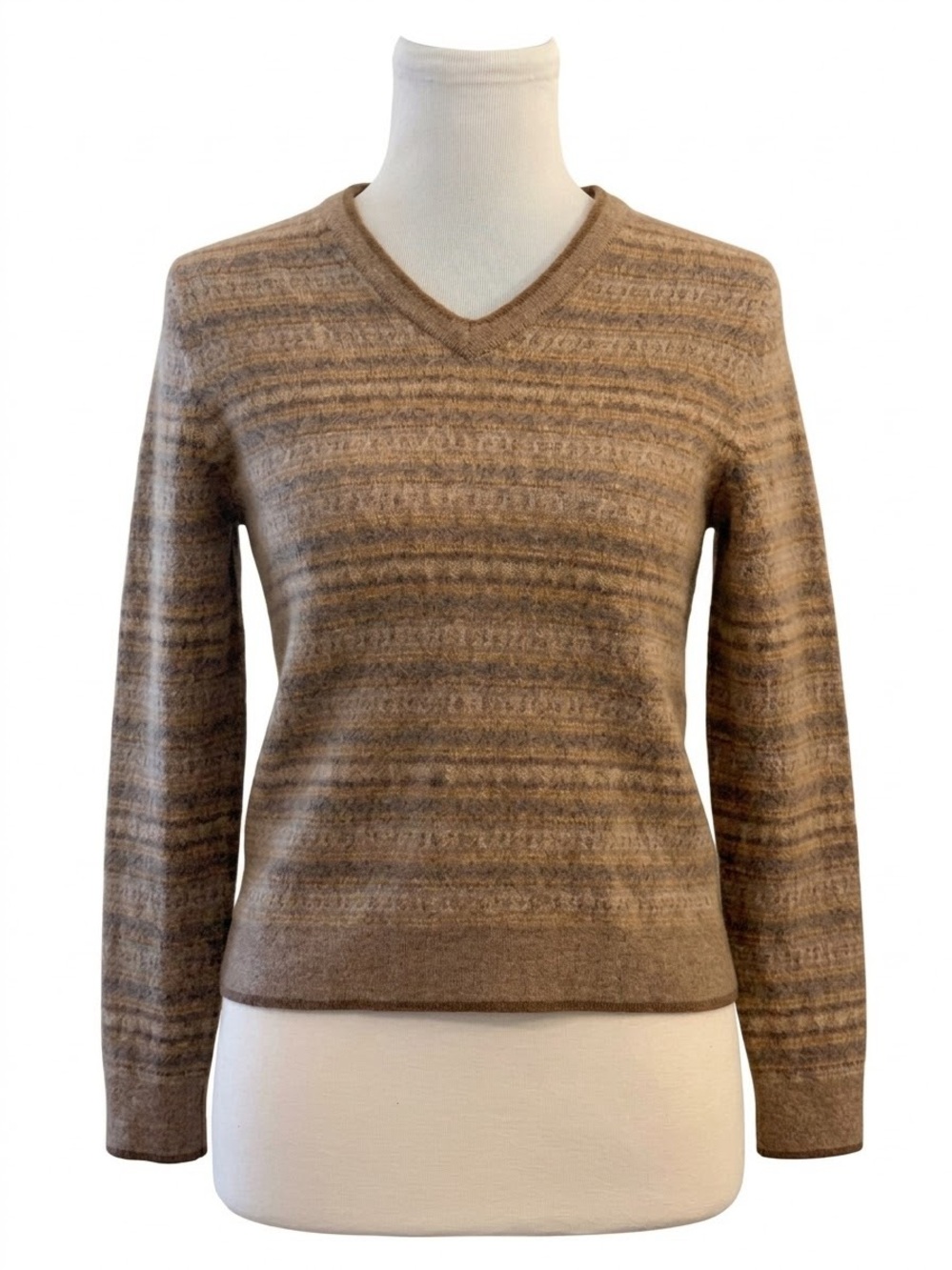 Brooks Brothers 100% Extra Fine Italian Merino Wool Stripe V-Neck Sweater Brown